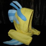 Flounder costume for baby, from The Little Mermaid. Yellow hood with felt stripes and fins, arm bands with fins